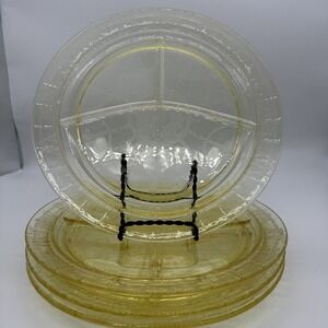 Vintage‎ Yellow Depression Glass Divided Dinner Plates Set of 5 Floral Etched